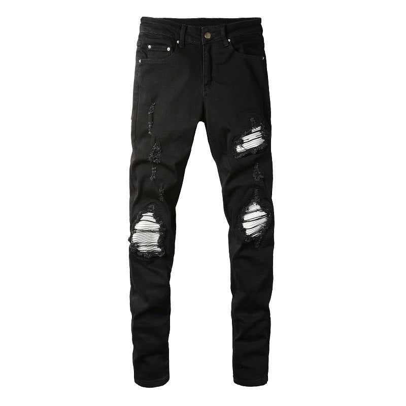 European And American Men's Slim-fit Ripped Silver Patch Jeans