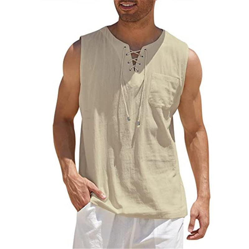 Summer Tank Vest Men Shirt Collar Tie Short Sleeve T-Shirt