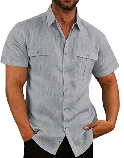 Men's Button Short Sleeve Shirt Summer Casual Double Pocket Wide Collar Beach Shirt Summer