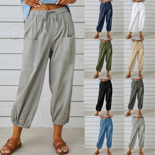 Loose High Waist Button Cotton And Linen Trousers Cropped Pants Wide Leg Women's Pants