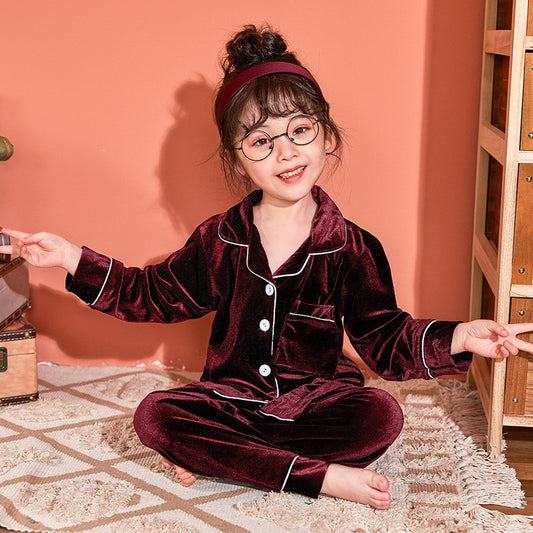 Children's Gold Velvet Solid Color Pajamas Set