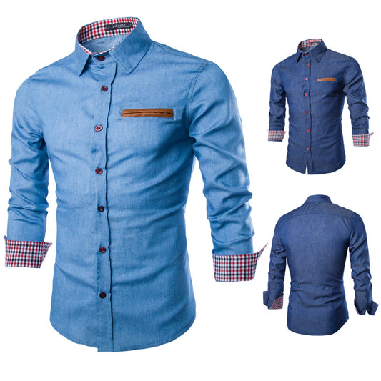 Men's Blue Slim-fit Long-sleeved Denim Shirt