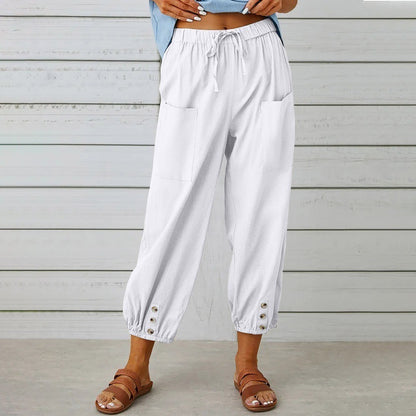 Loose High Waist Button Cotton And Linen Trousers Cropped Pants Wide Leg Women's Pants