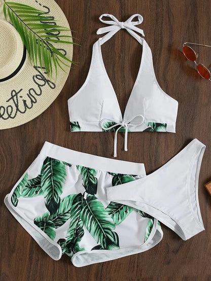 3pcs Leaf Print Bikini With Shorts Fashion Summer Beach Swimsuit Womens Clothing