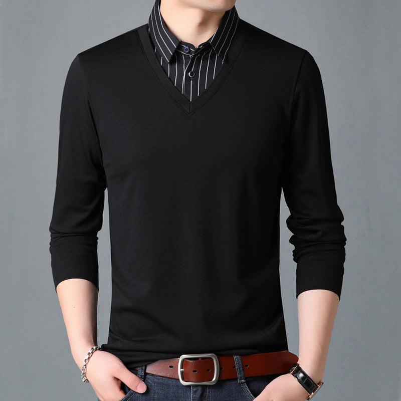 Thin Long Sleeved T Shirt Men's Shirt Collar Fake Two Piece Bottoming Shirt