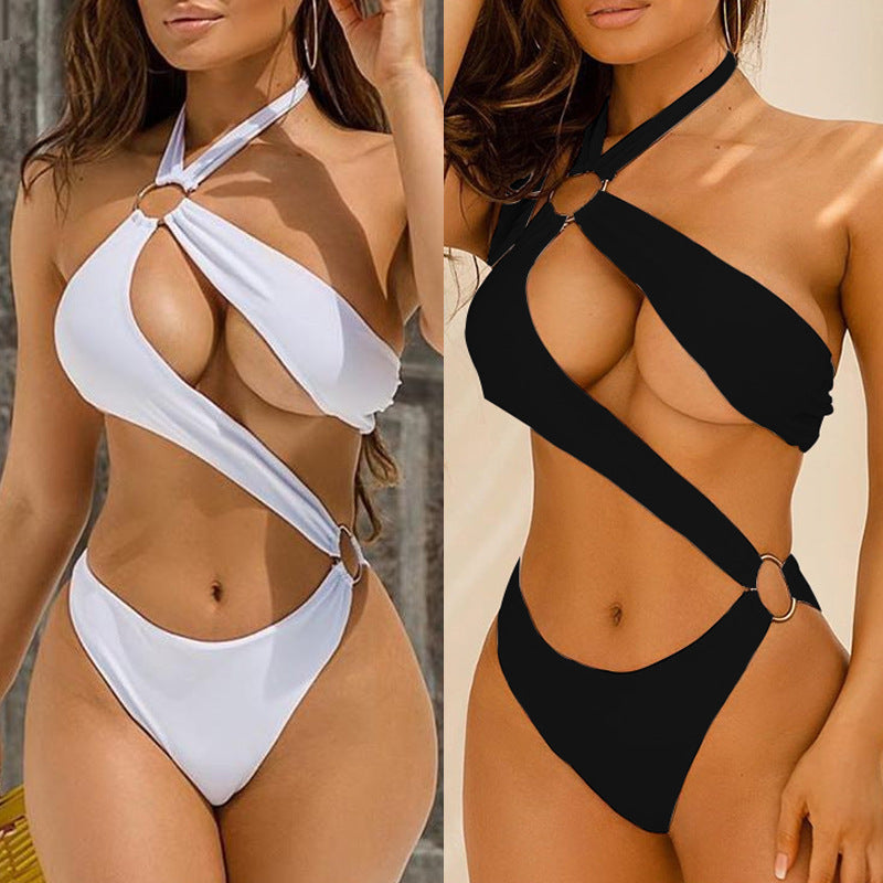 Maillot de bain bikini anneau en métal creux monobloc en une seule pièce