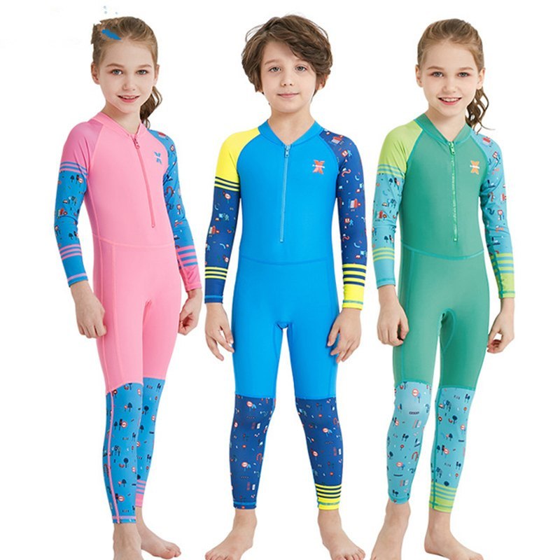 Children's quick-drying diving suit girls boys conjoined long-sleeved snorkeling suit swimwear size children's swimwear sunscreen swimsuit