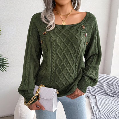 Square Neck Knitted Sweater With Button Design Winter Warm Long Sleeve Tops Women's Clothing