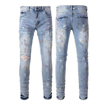 European And American Autumn Retro Colorful Paint-splashing Style Graffiti Stretch Men's Jeans