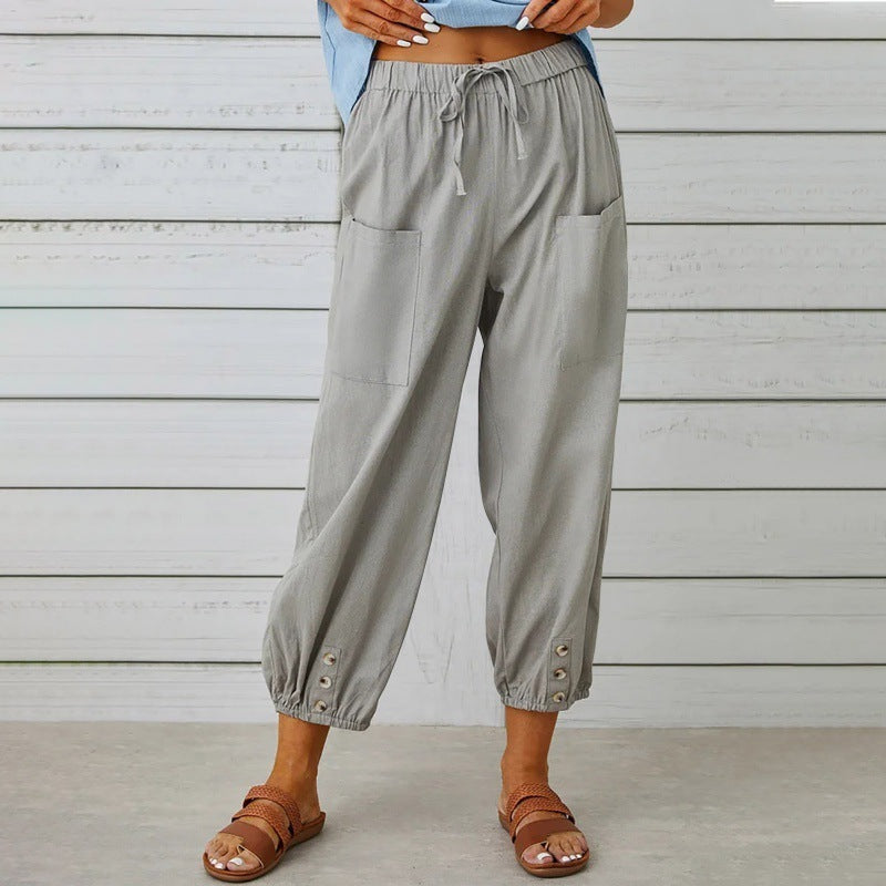 Loose High Waist Button Cotton And Linen Trousers Cropped Pants Wide Leg Women's Pants