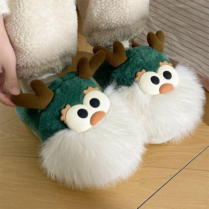 Cute Cartoon Christmas Deer Cotton Shoes Winter Indoor Floor Home Slippers Half-covered Heel Warm Plush Shoes Women