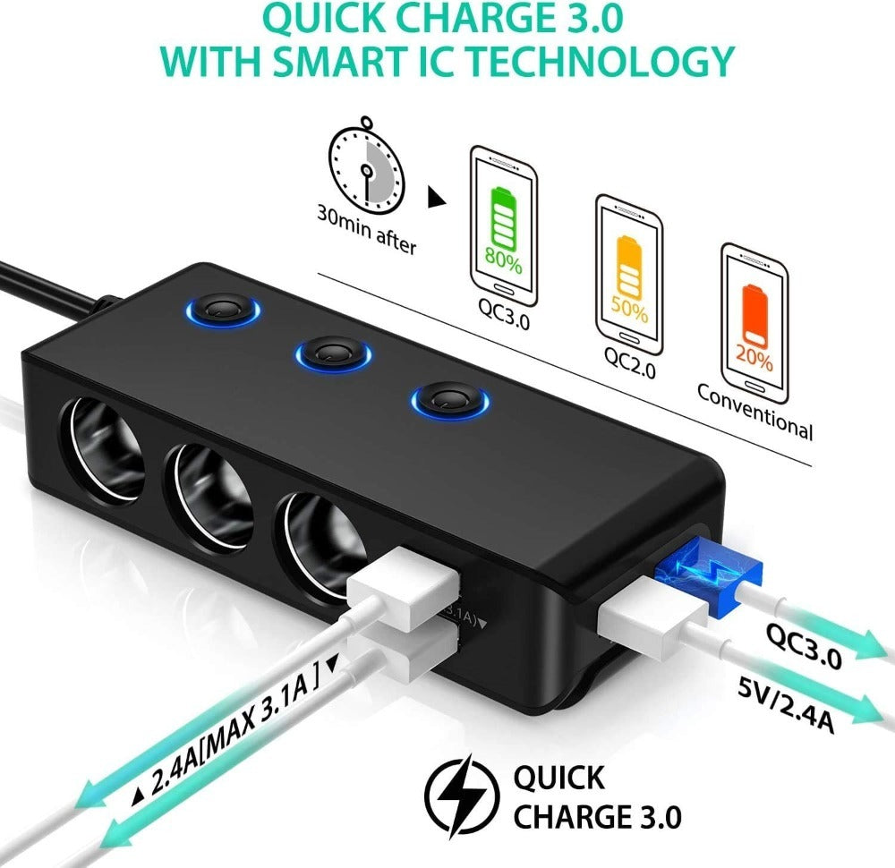 The Three-port Car Cigarette Lighter Adapter Expands One Socket To Three. It Provides A Steady Current To The Power Supply, Is Easy To Install, And Is Ideal For Worry-free Power Use During Travel.