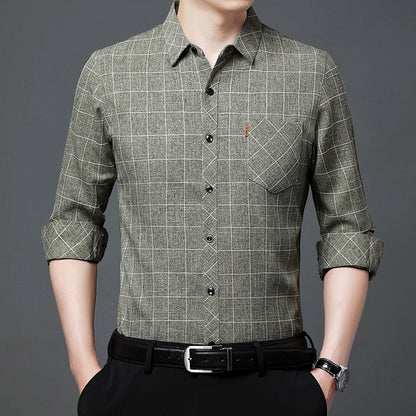 Linen-like Plaid Long-sleeved Shirt For Middle-aged Men