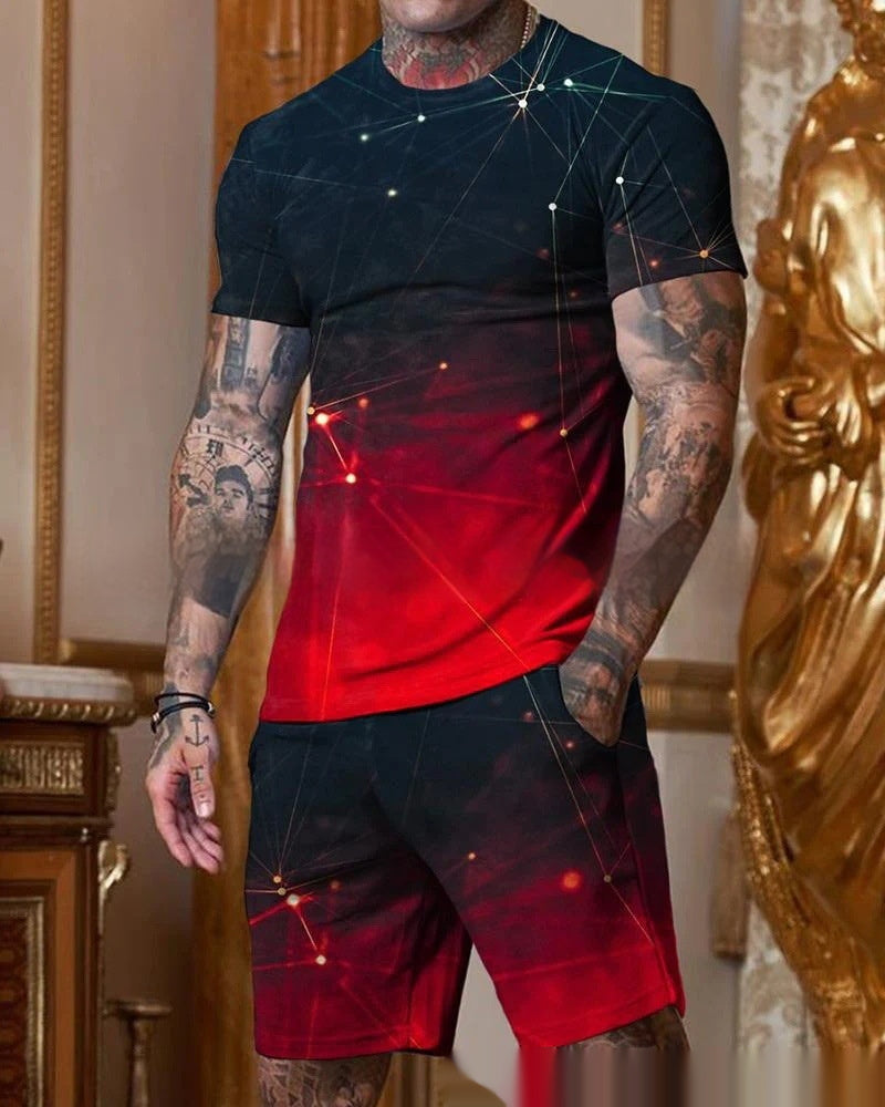 Men's Casual Short Sleeve Round Neck Gradient Colorful Suit