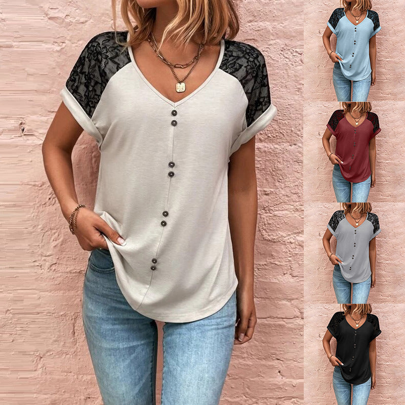 Women's T-Shirt Lace Stitching V-neck Top With Button Casual Summer Short Sleeve Pullover Shirt