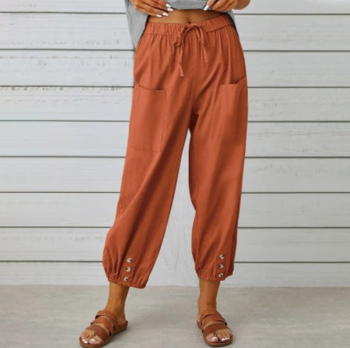 Loose High Waist Button Cotton And Linen Trousers Cropped Pants Wide Leg Women's Pants