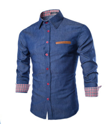 Men's Blue Slim-fit Long-sleeved Denim Shirt