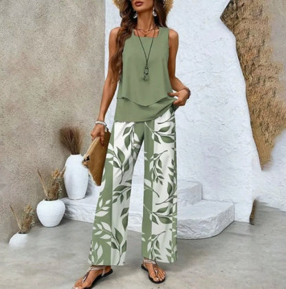 Print Suits Sleeveless Double-layer Vest And Loose Straight Pants Womens Clothing