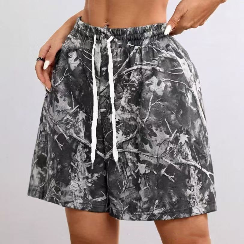 Women's Loose Casual Drawstring Branch Camouflage Printing Shorts