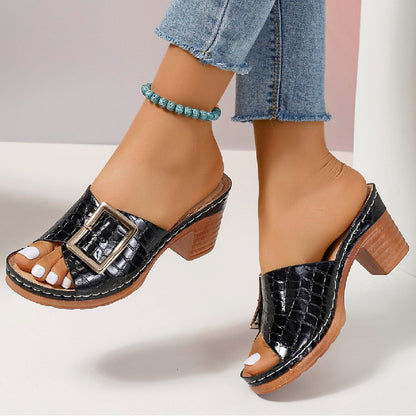 Fashion Crocodile-textured Buckle Sandals Square Chunky Heel Peep-toe Slides Slippers Women Shoes