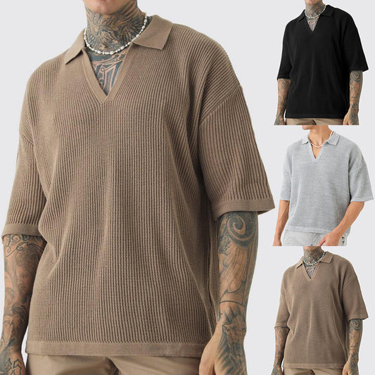 Men's Short-sleeved Shirt Casual Polo Collar Small V-neck Fashion Shirt