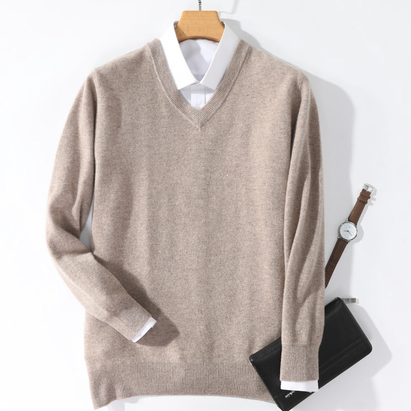 Men's V-neck Long Sleeved Solid Color Sweater