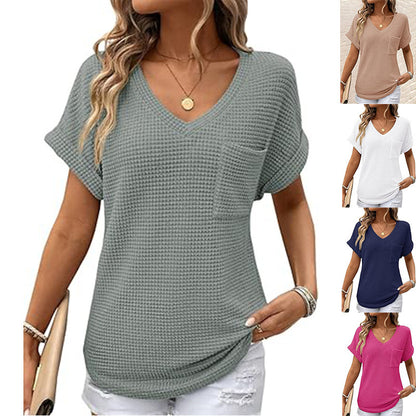 V-neck Summer Short Sleeve Waffle Pocket Shirt