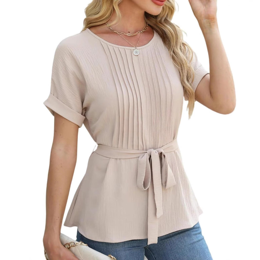 Casual Shirt Ruffled Pleated Round Neck Short Sleeve Top