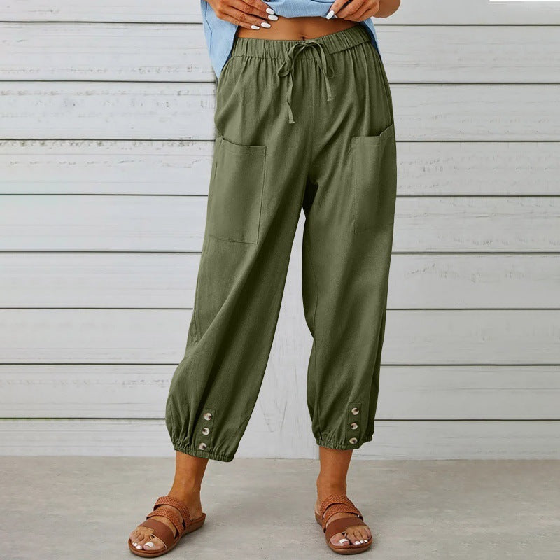 Loose High Waist Button Cotton And Linen Trousers Cropped Pants Wide Leg Women's Pants