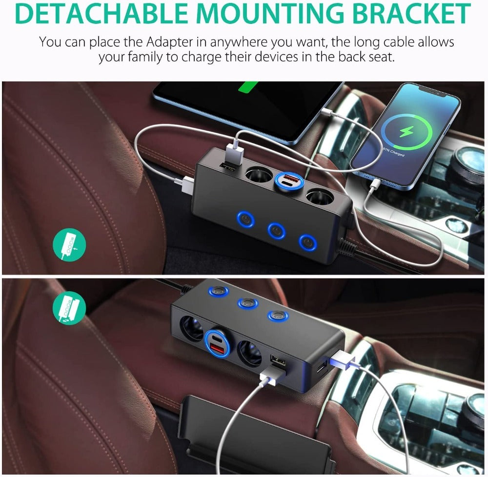 The Three-port Car Cigarette Lighter Adapter Expands One Socket To Three. It Provides A Steady Current To The Power Supply, Is Easy To Install, And Is Ideal For Worry-free Power Use During Travel.