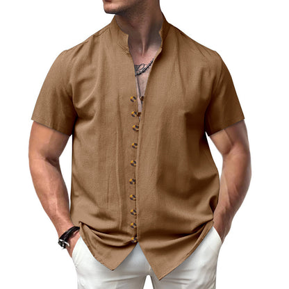 Linen Button Stand Collar Short Sleeve Shirt