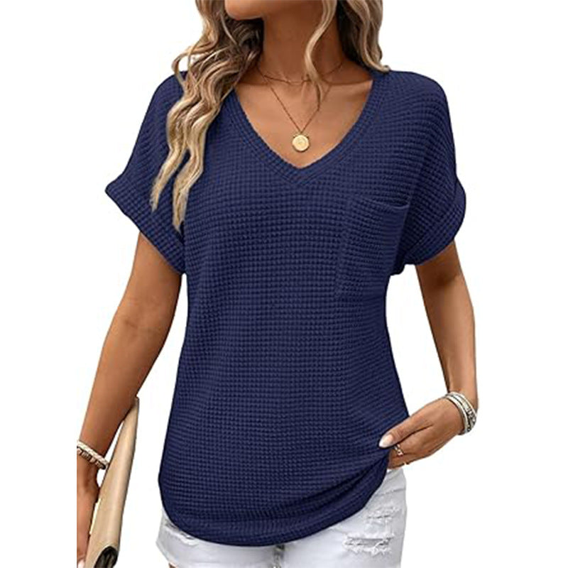 V-neck Summer Short Sleeve Waffle Pocket Shirt