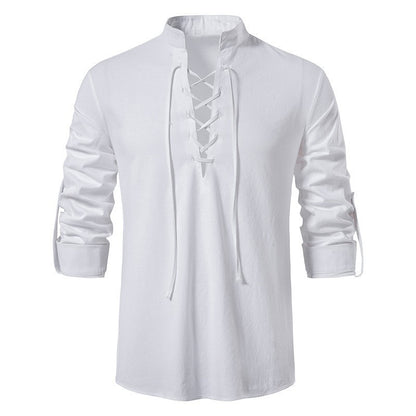 Stand Collar Long Sleeve Shirt Cotton And Linen