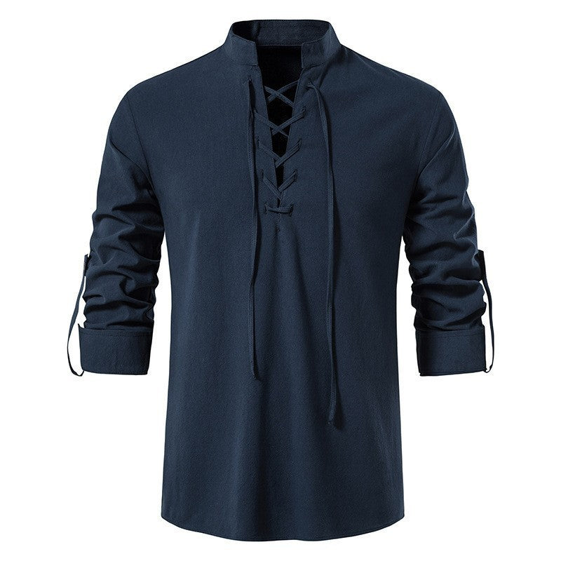 Stand Collar Long Sleeve Shirt Cotton And Linen