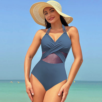 Maillots de bain en une seule pièce en co-drapeau d'été Solide couleur croix Conception Mesh Bikini Beach Vacances Femmes