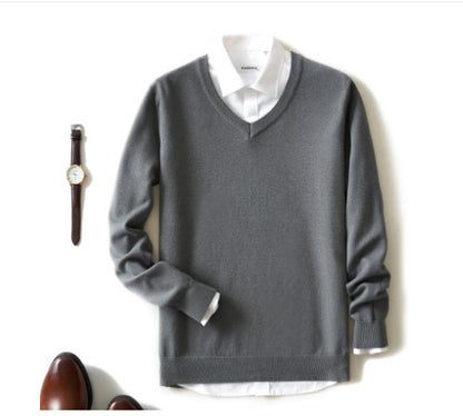 Men's V-neck Long Sleeved Solid Color Sweater