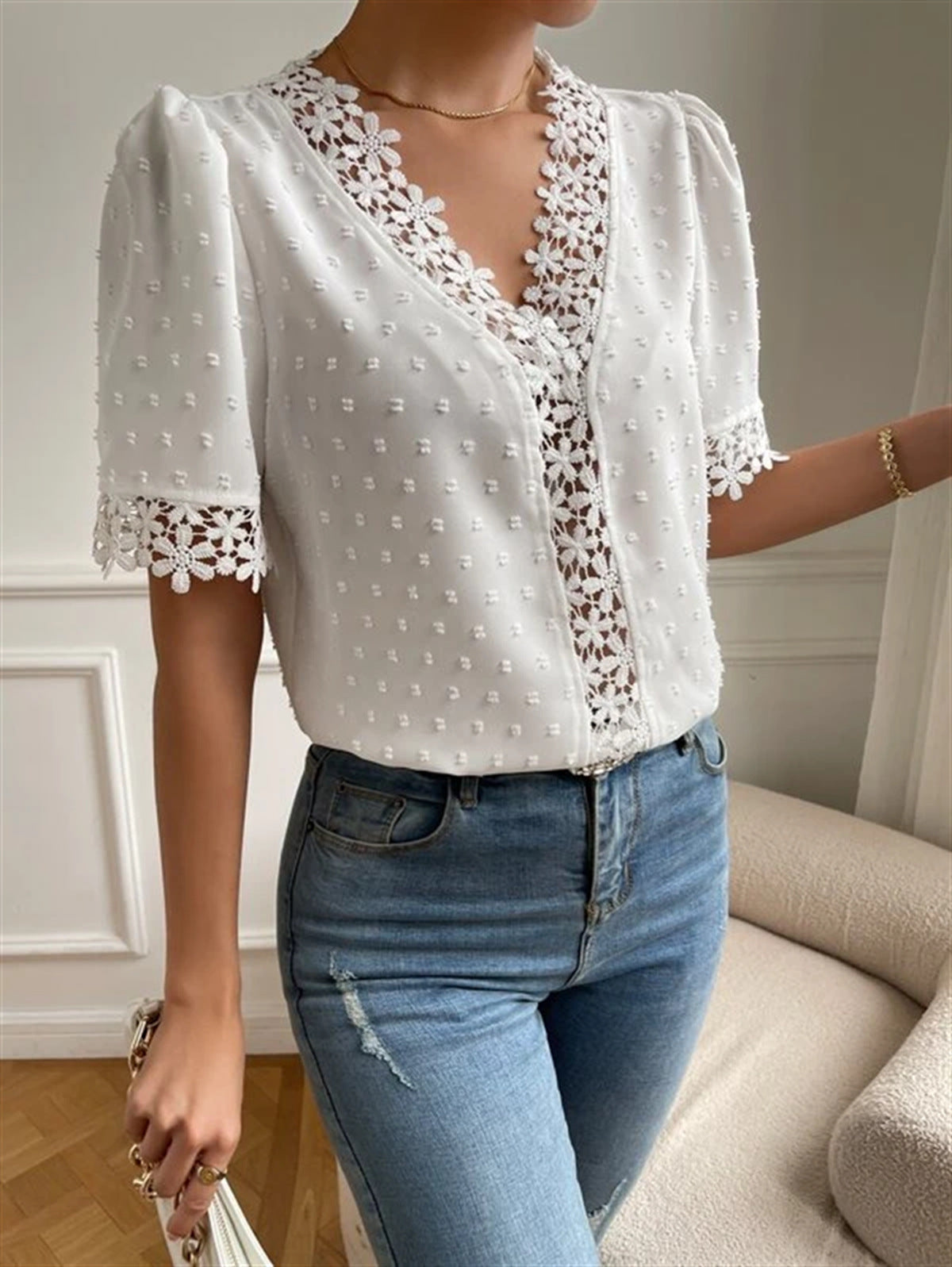 Floral Lace Short Sleeve Shirt Summer Fashion V-Neck Tops Women's Clothing