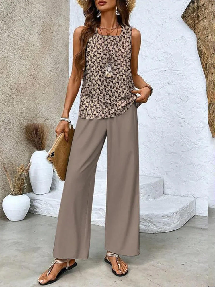 Print Suits Sleeveless Double-layer Vest And Loose Straight Pants Womens Clothing