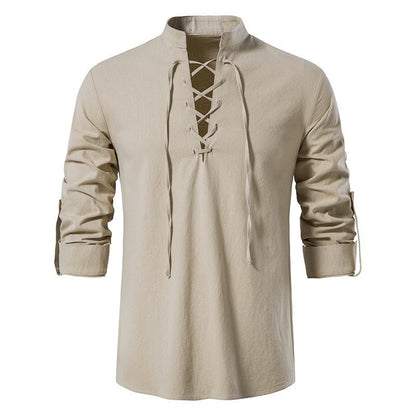 Stand Collar Long Sleeve Shirt Cotton And Linen