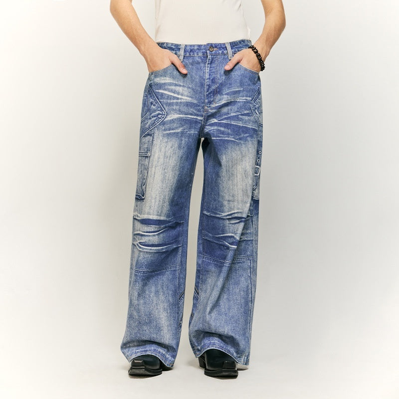 Affixed Cloth Embroidered Washed Digital Printing Jeans