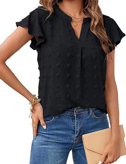 Women Summer V Neck Ruffle Short Sleeve Blouse Dot Flowy Shirt Top