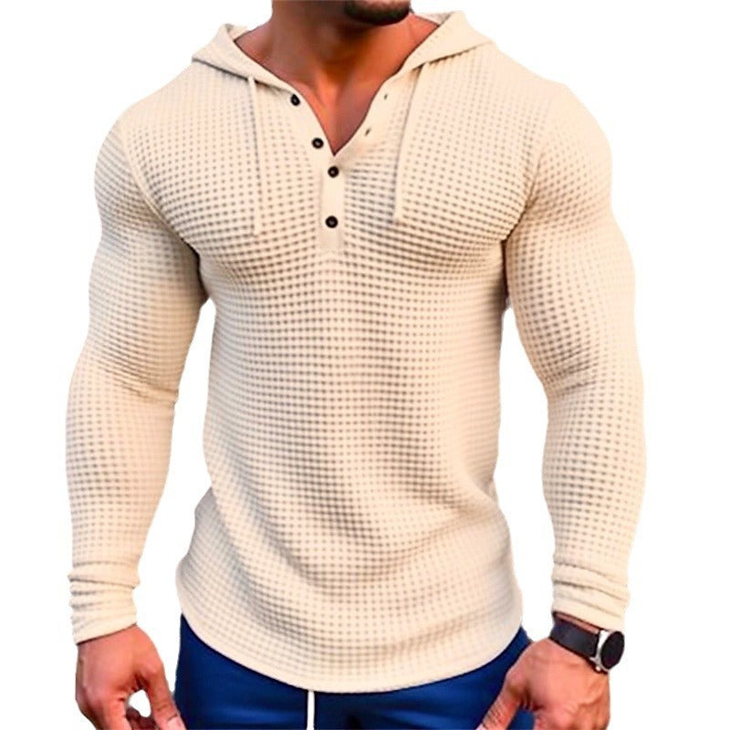 Men's Pullover Casual Long Sleeve T-shirt Waffler Slim Tops Sweat-shirt Solid Color Comfortable Mens Outdoor Streetwear S-3XL