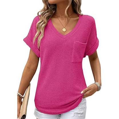 V-neck Summer Short Sleeve Waffle Pocket Shirt