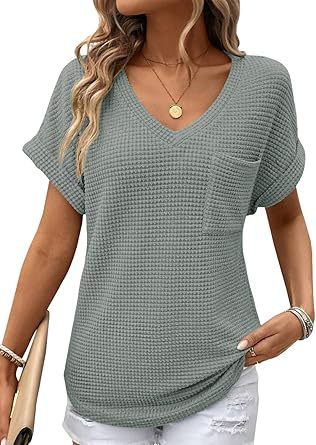 V-neck Summer Short Sleeve Waffle Pocket Shirt