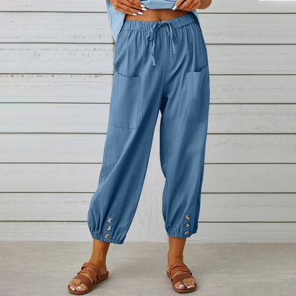 Loose High Waist Button Cotton And Linen Trousers Cropped Pants Wide Leg Women's Pants