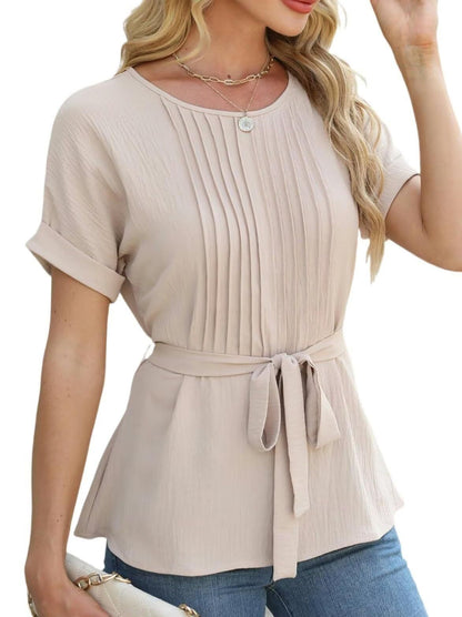 Casual Shirt Ruffled Pleated Round Neck Short Sleeve Top