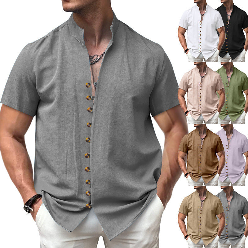 Linen Button Stand Collar Short Sleeve Shirt