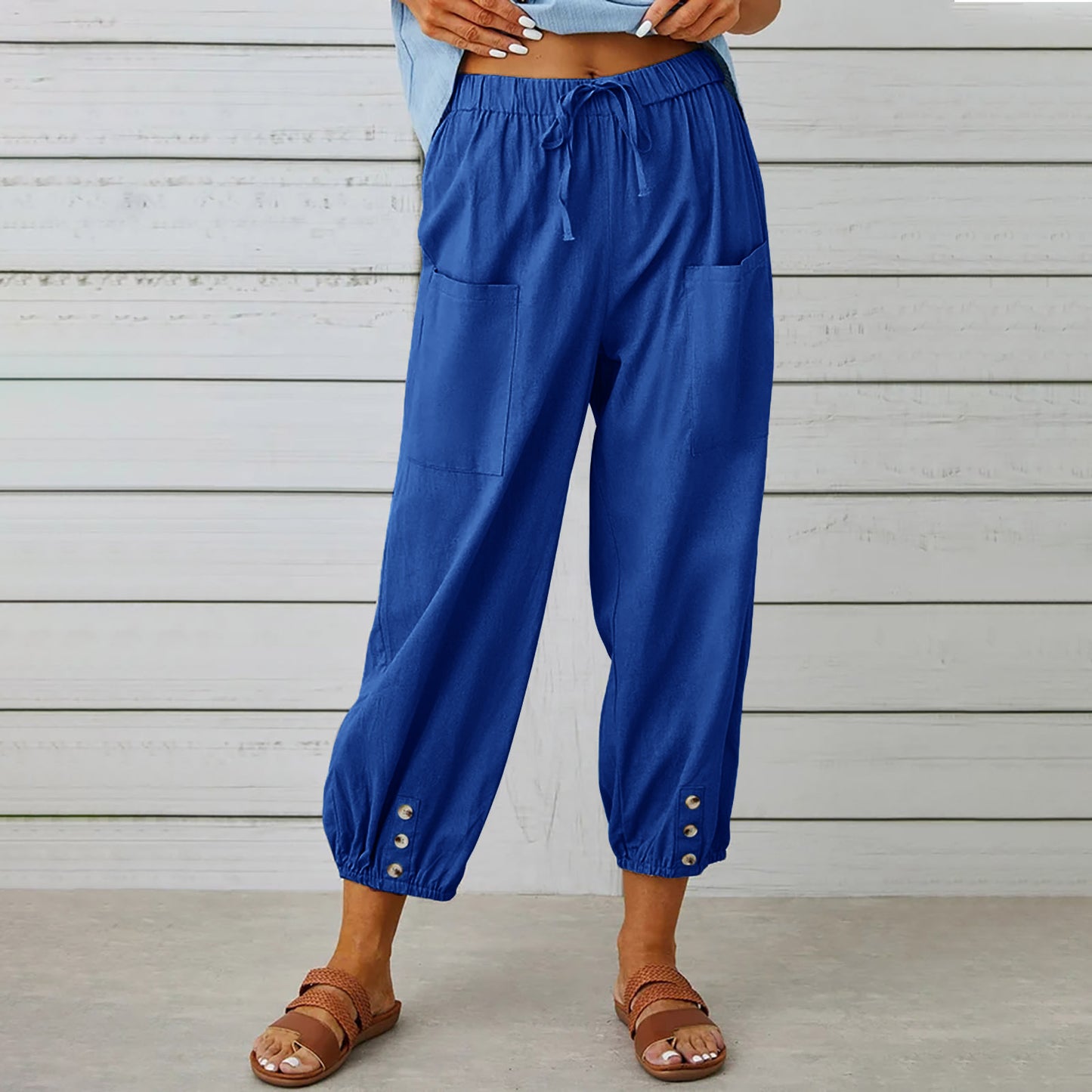 Loose High Waist Button Cotton And Linen Trousers Cropped Pants Wide Leg Women's Pants