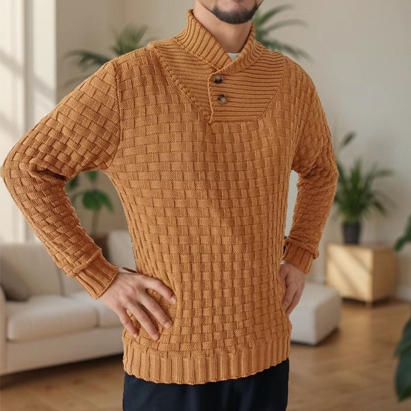 Men's Slim Turtleneck Sweater With Button Design Fashion Casual Solid Color Pullover Top Clothing