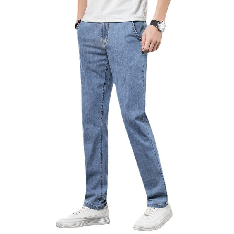 Men's Loose Elastic Jeans Straight Solid Color Casual Trousers